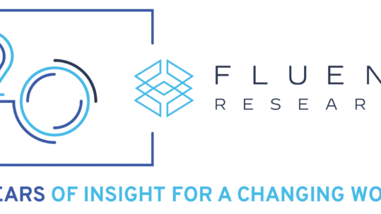 Fluent Research logo: '20 Years of Insight for a Changing World' with a blue geometric '20' and square/circle motif like a frame.