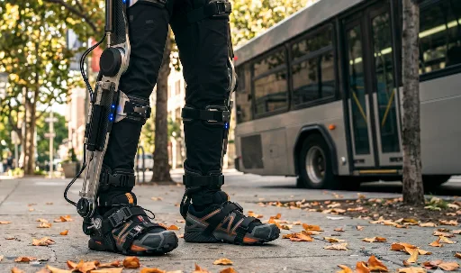 close-up shot of a person's lower legs and feet wearing a high-tech robotic exoskeleton on a city sidewalk. The exoskeleton is made of black and silver metal components with blue indicator lights, securely strapped over black pants and rugged trail running shoes. The sidewalk is clean and scattered with fallen autumn leaves, with a city bus and a leafy tree visible in the blurred background. This is an AI-generated image.