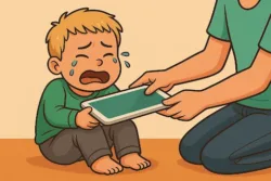 A crying child sits on the floor while an adult hands them a tablet